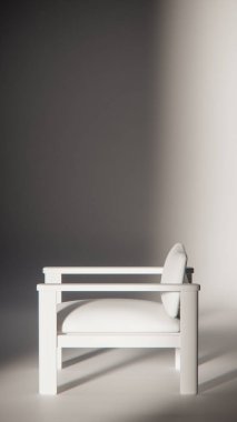 Sönük mavi minimalist sandalyenin 3 boyutlu görüntüsü. Temiz çizgiler ve yumuşak ışıklandırma. Ürün gösterimi, iç tasarım, mobilya modellemeleri ve modern görselleştirmeler için ideal.