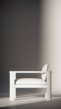 Sönük mavi minimalist sandalyenin 3 boyutlu görüntüsü. Temiz çizgiler ve yumuşak ışıklandırma. Ürün gösterimi, iç tasarım, mobilya modellemeleri ve modern görselleştirmeler için ideal.