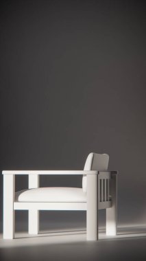 Sönük mavi minimalist sandalyenin 3 boyutlu görüntüsü. Temiz çizgiler ve yumuşak ışıklandırma. Ürün gösterimi, iç tasarım, mobilya modellemeleri ve modern görselleştirmeler için ideal.