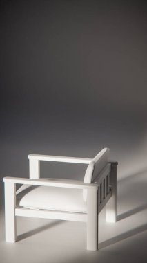 Sönük mavi minimalist sandalyenin 3 boyutlu görüntüsü. Temiz çizgiler ve yumuşak ışıklandırma. Ürün gösterimi, iç tasarım, mobilya modellemeleri ve modern görselleştirmeler için ideal.