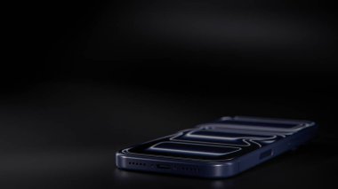 Üç boyutlu koyu mavi akıllı telefon, üçlü kamera ve mat kaplama. Dijital tasarım projelerinde teknolojik modeller, ürün gösterimi, mobil UI ve modern aygıt görselleştirmesi için ideal.