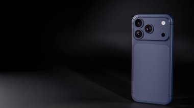 Üç boyutlu koyu mavi akıllı telefon, üçlü kamera ve mat kaplama. Dijital tasarım projelerinde teknolojik modeller, ürün gösterimi, mobil UI ve modern aygıt görselleştirmesi için ideal.