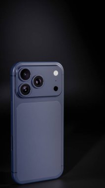 Üç boyutlu koyu mavi akıllı telefon, üçlü kamera ve mat kaplama. Dijital tasarım projelerinde teknolojik modeller, ürün gösterimi, mobil UI ve modern aygıt görselleştirmesi için ideal.