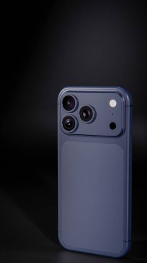 Üç boyutlu koyu mavi akıllı telefon, üçlü kamera ve mat kaplama. Dijital tasarım projelerinde teknolojik modeller, ürün gösterimi, mobil UI ve modern aygıt görselleştirmesi için ideal.