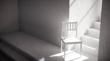 3 boyutlu ahşap sandalye, dramatik güneş ışığı ve gölgeli merdiven tabanında. Minimalist tarzda iç tasarım, ürün gösterimi ve mimari görselleştirme için ideal.