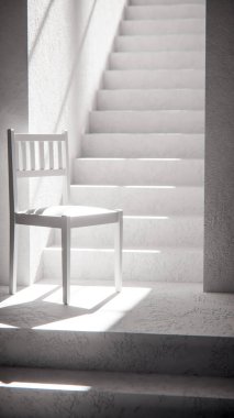 3 boyutlu ahşap sandalye, dramatik güneş ışığı ve gölgeli merdiven tabanında. Minimalist tarzda iç tasarım, ürün gösterimi ve mimari görselleştirme için ideal.