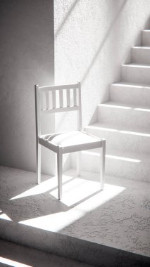 3 boyutlu ahşap sandalye, dramatik güneş ışığı ve gölgeli merdiven tabanında. Minimalist tarzda iç tasarım, ürün gösterimi ve mimari görselleştirme için ideal.