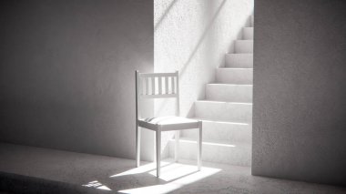 3 boyutlu ahşap sandalye, dramatik güneş ışığı ve gölgeli merdiven tabanında. Minimalist tarzda iç tasarım, ürün gösterimi ve mimari görselleştirme için ideal.