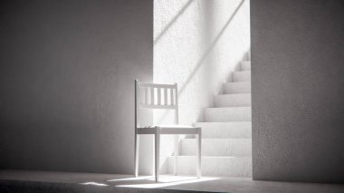 3 boyutlu ahşap sandalye, dramatik güneş ışığı ve gölgeli merdiven tabanında. Minimalist tarzda iç tasarım, ürün gösterimi ve mimari görselleştirme için ideal.