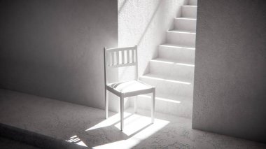 3 boyutlu ahşap sandalye, dramatik güneş ışığı ve gölgeli merdiven tabanında. Minimalist tarzda iç tasarım, ürün gösterimi ve mimari görselleştirme için ideal.