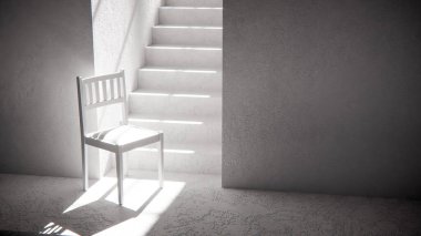 3 boyutlu ahşap sandalye, dramatik güneş ışığı ve gölgeli merdiven tabanında. Minimalist tarzda iç tasarım, ürün gösterimi ve mimari görselleştirme için ideal.