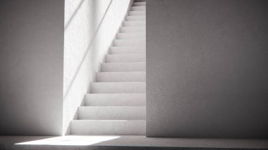 Dramatik güneş ışığı ve gölgeli 3 boyutlu merdiven çizimi. Mimari görselleştirme, iç tasarım ve güçlü geometrik karşıtlığa sahip minimalist konsept modellemeleri için ideal.
