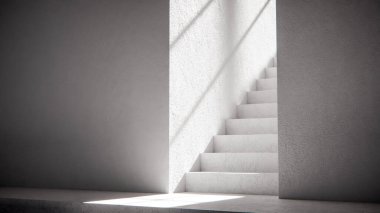 Dramatik güneş ışığı ve gölgeli 3 boyutlu merdiven çizimi. Mimari görselleştirme, iç tasarım ve güçlü geometrik karşıtlığa sahip minimalist konsept modellemeleri için ideal.
