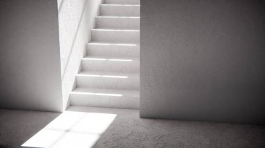Dramatik güneş ışığı ve gölgeli 3 boyutlu merdiven çizimi. Mimari görselleştirme, iç tasarım ve güçlü geometrik karşıtlığa sahip minimalist konsept modellemeleri için ideal.