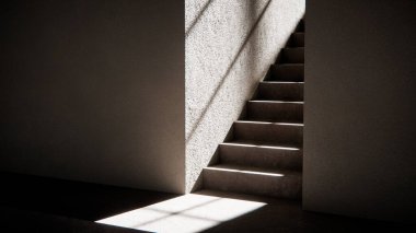 Dramatik güneş ışığı ve gölgeli 3 boyutlu merdiven çizimi. Mimari görselleştirme, iç tasarım ve güçlü geometrik karşıtlığa sahip minimalist konsept modellemeleri için ideal.