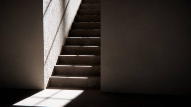 Dramatik güneş ışığı ve gölgeli 3 boyutlu merdiven çizimi. Mimari görselleştirme, iç tasarım ve güçlü geometrik karşıtlığa sahip minimalist konsept modellemeleri için ideal.