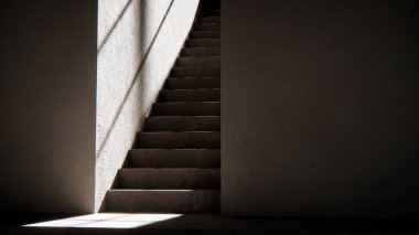 Dramatik güneş ışığı ve gölgeli 3 boyutlu merdiven çizimi. Mimari görselleştirme, iç tasarım ve güçlü geometrik karşıtlığa sahip minimalist konsept modellemeleri için ideal.