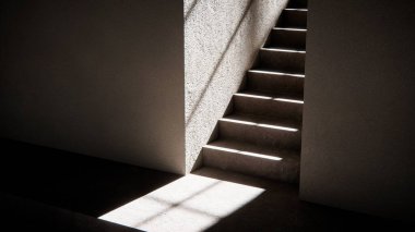Dramatik güneş ışığı ve gölgeli 3 boyutlu merdiven çizimi. Mimari görselleştirme, iç tasarım ve güçlü geometrik karşıtlığa sahip minimalist konsept modellemeleri için ideal.