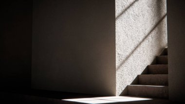 Dramatik güneş ışığı ve gölgeli 3 boyutlu merdiven çizimi. Mimari görselleştirme, iç tasarım ve güçlü geometrik karşıtlığa sahip minimalist konsept modellemeleri için ideal.
