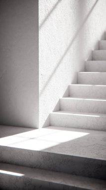 Dramatik güneş ışığı ve gölgeli 3 boyutlu merdiven çizimi. Mimari görselleştirme, iç tasarım ve güçlü geometrik karşıtlığa sahip minimalist konsept modellemeleri için ideal.