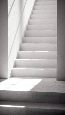Dramatik güneş ışığı ve gölgeli 3 boyutlu merdiven çizimi. Mimari görselleştirme, iç tasarım ve güçlü geometrik karşıtlığa sahip minimalist konsept modellemeleri için ideal.