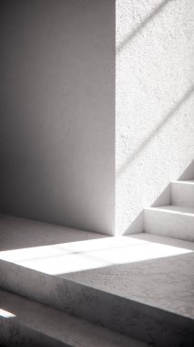 Dramatik güneş ışığı ve gölgeli 3 boyutlu merdiven çizimi. Mimari görselleştirme, iç tasarım ve güçlü geometrik karşıtlığa sahip minimalist konsept modellemeleri için ideal.