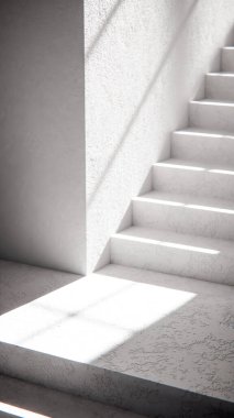 Dramatik güneş ışığı ve gölgeli 3 boyutlu merdiven çizimi. Mimari görselleştirme, iç tasarım ve güçlü geometrik karşıtlığa sahip minimalist konsept modellemeleri için ideal.