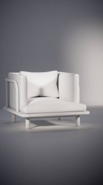 Üç boyutlu minimalist ışıklandırmalı ahşap çerçeveli yastıklı bir kanepe. Mobilya tasarımı, ürün gösterimi, iç görselleştirme ve modern dekor modellemeleri için ideal.