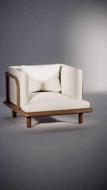 Üç boyutlu minimalist ışıklandırmalı ahşap çerçeveli yastıklı bir kanepe. Mobilya tasarımı, ürün gösterimi, iç görselleştirme ve modern dekor modellemeleri için ideal.