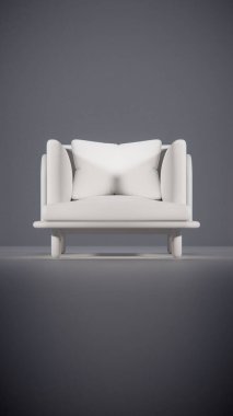 Üç boyutlu minimalist ışıklandırmalı ahşap çerçeveli yastıklı bir kanepe. Mobilya tasarımı, ürün gösterimi, iç görselleştirme ve modern dekor modellemeleri için ideal.