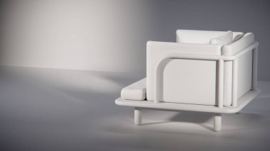 Üç boyutlu minimalist ışıklandırmalı ahşap çerçeveli yastıklı bir kanepe. Mobilya tasarımı, ürün gösterimi, iç görselleştirme ve modern dekor modellemeleri için ideal.