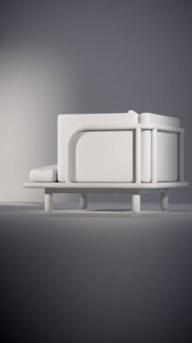 Üç boyutlu minimalist ışıklandırmalı ahşap çerçeveli yastıklı bir kanepe. Mobilya tasarımı, ürün gösterimi, iç görselleştirme ve modern dekor modellemeleri için ideal.