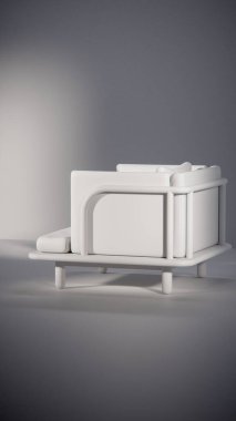 Üç boyutlu minimalist ışıklandırmalı ahşap çerçeveli yastıklı bir kanepe. Mobilya tasarımı, ürün gösterimi, iç görselleştirme ve modern dekor modellemeleri için ideal.