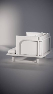 Üç boyutlu minimalist ışıklandırmalı ahşap çerçeveli yastıklı bir kanepe. Mobilya tasarımı, ürün gösterimi, iç görselleştirme ve modern dekor modellemeleri için ideal.