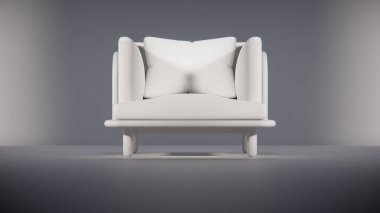 Üç boyutlu minimalist ışıklandırmalı ahşap çerçeveli yastıklı bir kanepe. Mobilya tasarımı, ürün gösterimi, iç görselleştirme ve modern dekor modellemeleri için ideal.