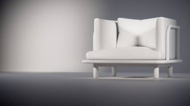 Üç boyutlu minimalist ışıklandırmalı ahşap çerçeveli yastıklı bir kanepe. Mobilya tasarımı, ürün gösterimi, iç görselleştirme ve modern dekor modellemeleri için ideal.