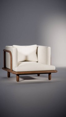 Üç boyutlu minimalist ışıklandırmalı ahşap çerçeveli yastıklı bir kanepe. Mobilya tasarımı, ürün gösterimi, iç görselleştirme ve modern dekor modellemeleri için ideal.