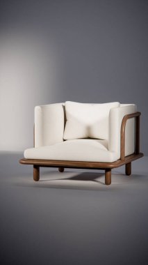 Üç boyutlu minimalist ışıklandırmalı ahşap çerçeveli yastıklı bir kanepe. Mobilya tasarımı, ürün gösterimi, iç görselleştirme ve modern dekor modellemeleri için ideal.