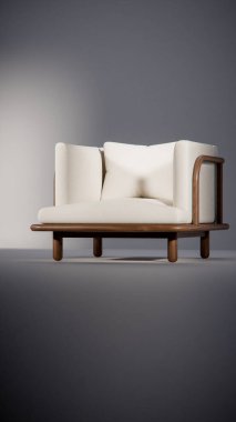Üç boyutlu minimalist ışıklandırmalı ahşap çerçeveli yastıklı bir kanepe. Mobilya tasarımı, ürün gösterimi, iç görselleştirme ve modern dekor modellemeleri için ideal.
