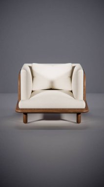 Üç boyutlu minimalist ışıklandırmalı ahşap çerçeveli yastıklı bir kanepe. Mobilya tasarımı, ürün gösterimi, iç görselleştirme ve modern dekor modellemeleri için ideal.