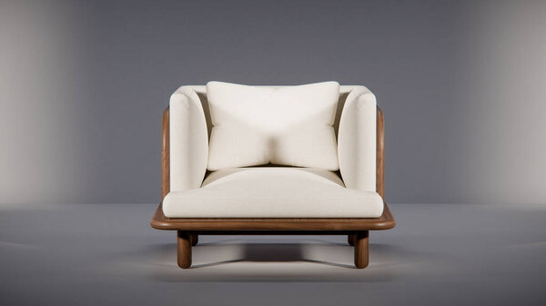 3D render of cushioned sofa with wooden frame in minimalist lighting. Ideal for furniture design, product display, interior visualization, and modern decor mockups.