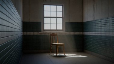 Boş fayanslı odada, dramatik güneş ışığı ve gölgeli 3 boyutlu ahşap sandalye. İç tasarım, mimari görselleştirme ve minimalist kavram sahneleri için ideal.