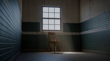 Boş fayanslı odada, dramatik güneş ışığı ve gölgeli 3 boyutlu ahşap sandalye. İç tasarım, mimari görselleştirme ve minimalist kavram sahneleri için ideal.