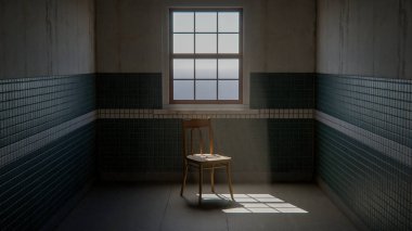 Boş fayanslı odada, dramatik güneş ışığı ve gölgeli 3 boyutlu ahşap sandalye. İç tasarım, mimari görselleştirme ve minimalist kavram sahneleri için ideal.