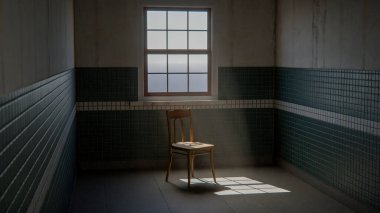 Boş fayanslı odada, dramatik güneş ışığı ve gölgeli 3 boyutlu ahşap sandalye. İç tasarım, mimari görselleştirme ve minimalist kavram sahneleri için ideal.