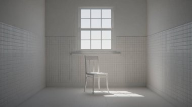 Boş fayanslı odada, dramatik güneş ışığı ve gölgeli 3 boyutlu ahşap sandalye. İç tasarım, mimari görselleştirme ve minimalist kavram sahneleri için ideal.