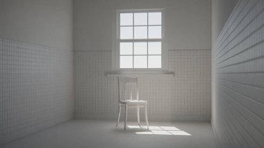 Boş fayanslı odada, dramatik güneş ışığı ve gölgeli 3 boyutlu ahşap sandalye. İç tasarım, mimari görselleştirme ve minimalist kavram sahneleri için ideal.