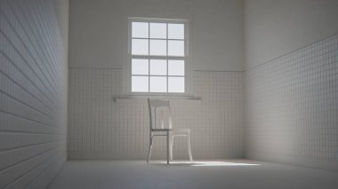 Boş fayanslı odada, dramatik güneş ışığı ve gölgeli 3 boyutlu ahşap sandalye. İç tasarım, mimari görselleştirme ve minimalist kavram sahneleri için ideal.