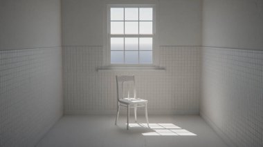 Boş fayanslı odada, dramatik güneş ışığı ve gölgeli 3 boyutlu ahşap sandalye. İç tasarım, mimari görselleştirme ve minimalist kavram sahneleri için ideal.
