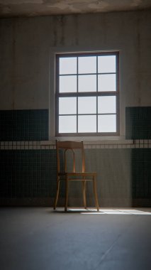 Boş fayanslı odada, dramatik güneş ışığı ve gölgeli 3 boyutlu ahşap sandalye. İç tasarım, mimari görselleştirme ve minimalist kavram sahneleri için ideal.